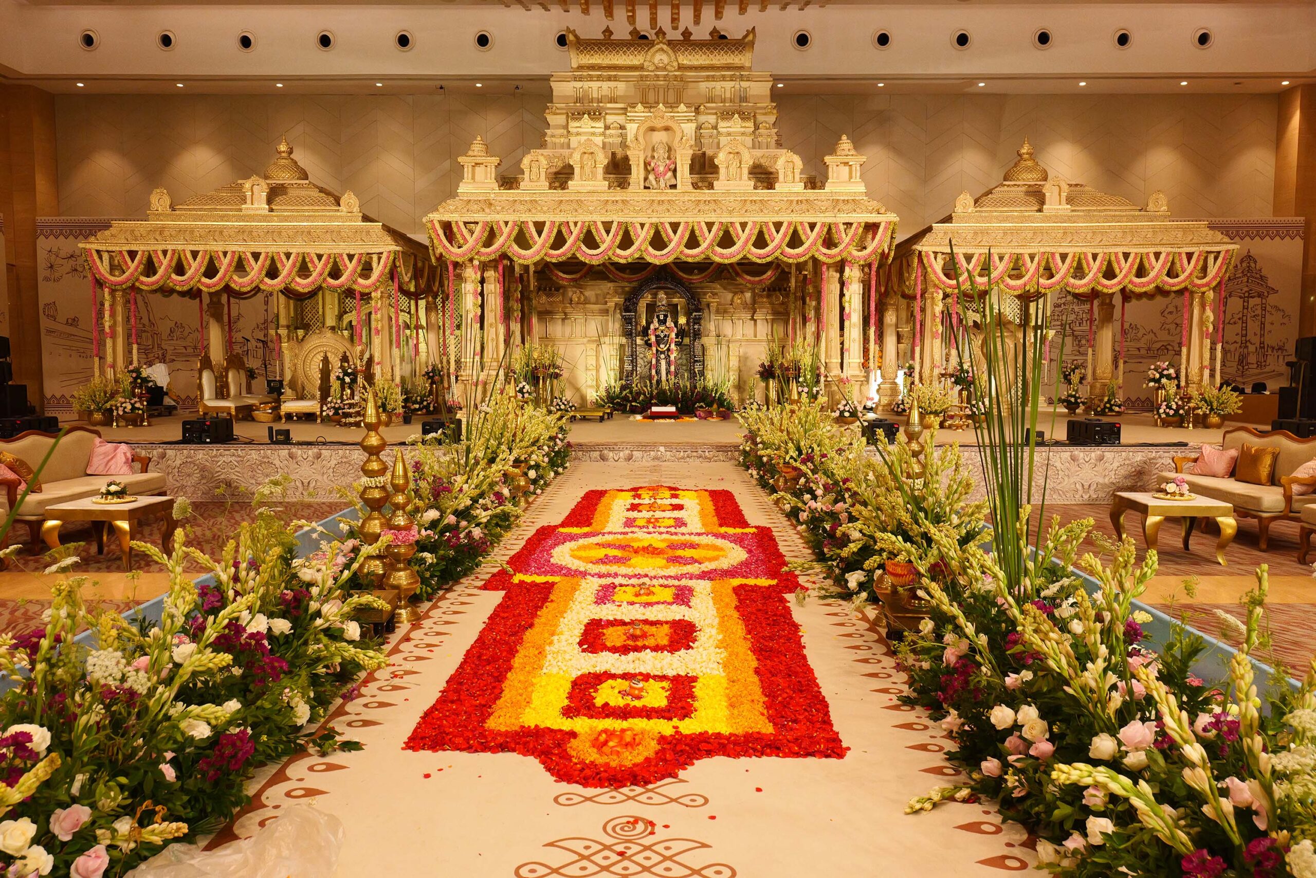A varmala structure recreated to look like Balaji temple